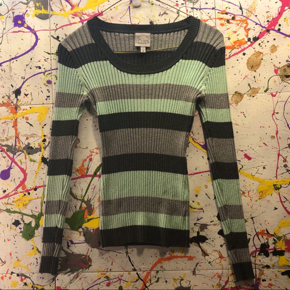 Grey & teal sweater with black stripes.
